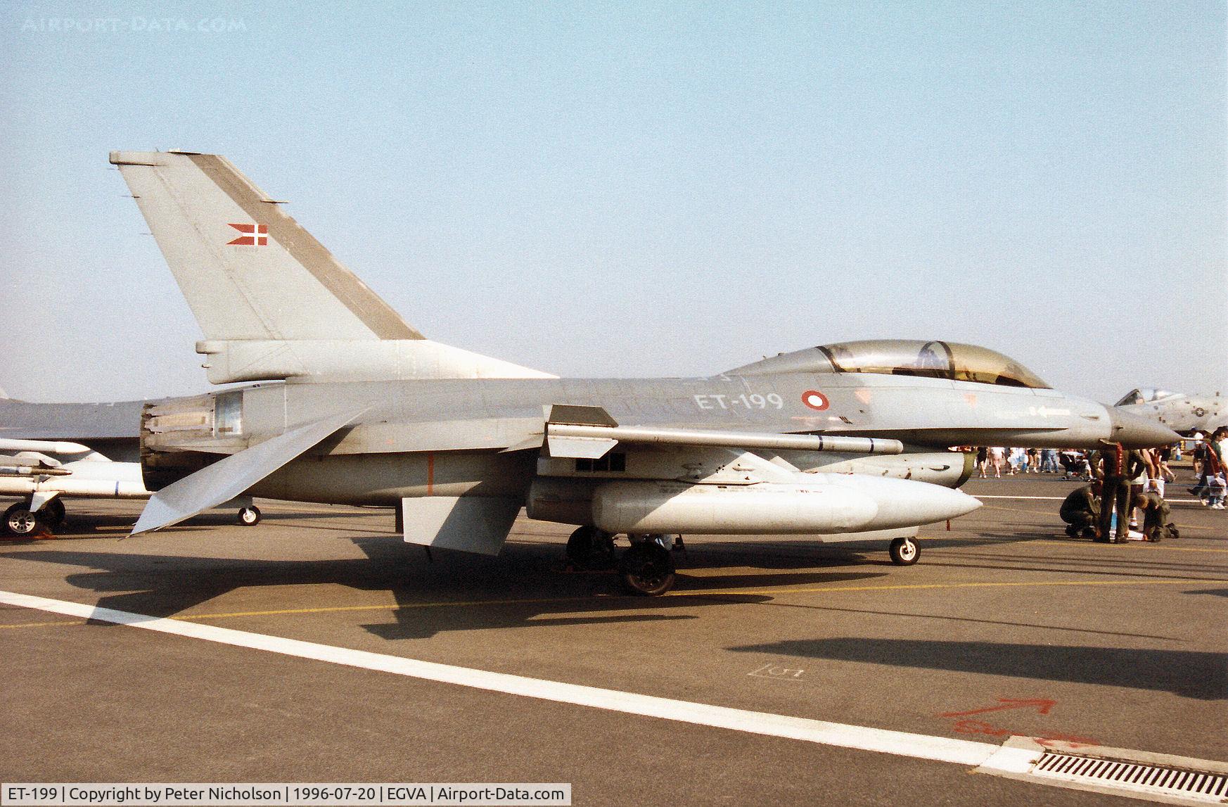 ET-199, 1986 Fokker F-16B Fighting Falcon C/N 6G-15, F-16B Falcon of Eskradille 726 of the Royal Danish Air Force at Aalborg on display at the 1996 Royal Intnl Air Tattoo at RAF Fairford.