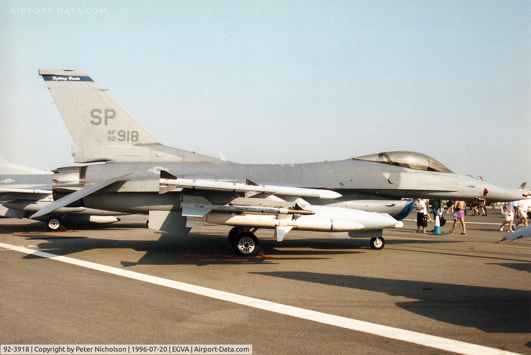 92-3918, 1992 General Dynamics F-16C Fighting Falcon C/N CC-160, F-16C Falcon of Spangdahlem's 23rd Fighter Squadron/52nd Fighter Wing on display at the 1996 Royal Intnl Air Tattoo at RAF Fairford.