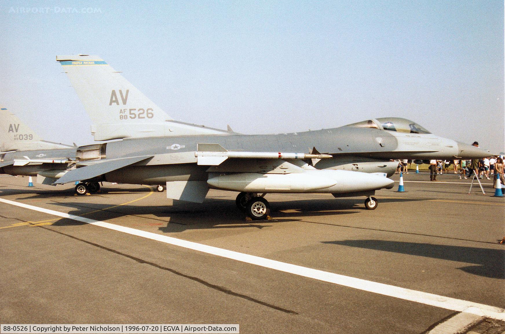 88-0526, 1988 General Dynamics F-16C Fighting Falcon C/N 1C-128, F-16C Falcon of the 555th Fighter Squadron/31st Fighter Wing based at Aviano on display at the 1996 Royal Intnl Air Tattoo at RAF Fairford.
