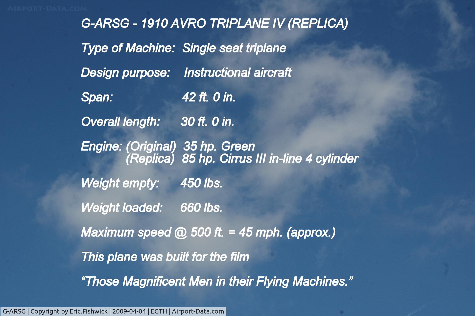 G-ARSG, 1964 Avro Roe Triplane Type IV replica C/N TRI.1, DESCRIPTION