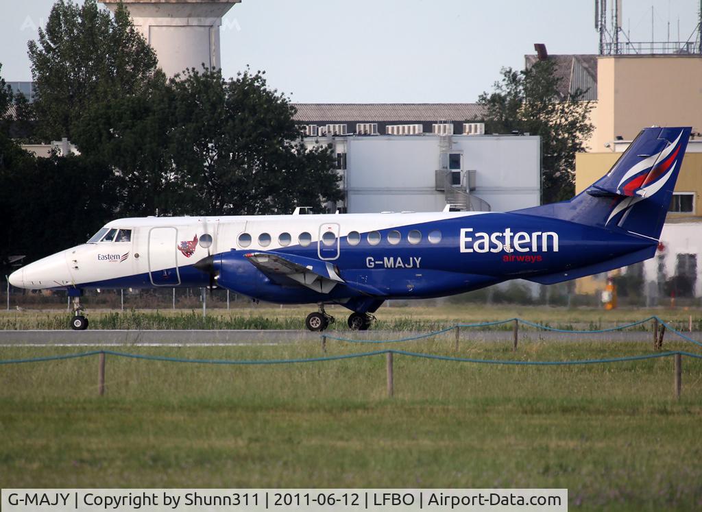 G-MAJY, 1997 British Aerospace Jetstream 41 C/N 41099, Ready for take off rwy 32R with additional logo near door...