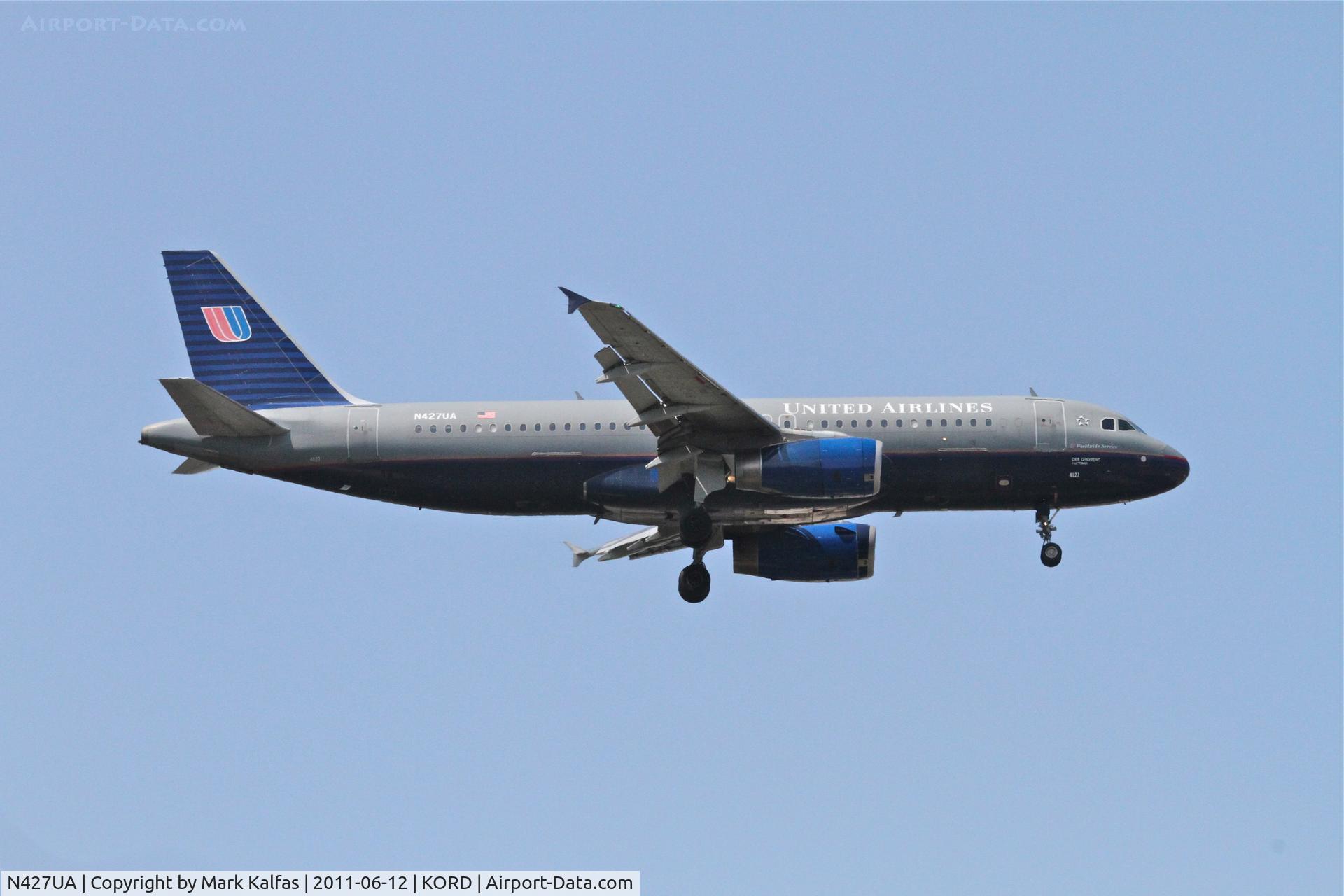N427UA, 1995 Airbus A320-232 C/N 512, United Airlines Airbus A320-232, UAL688 arriving from KLAX, on final for RWY 10 KORD.