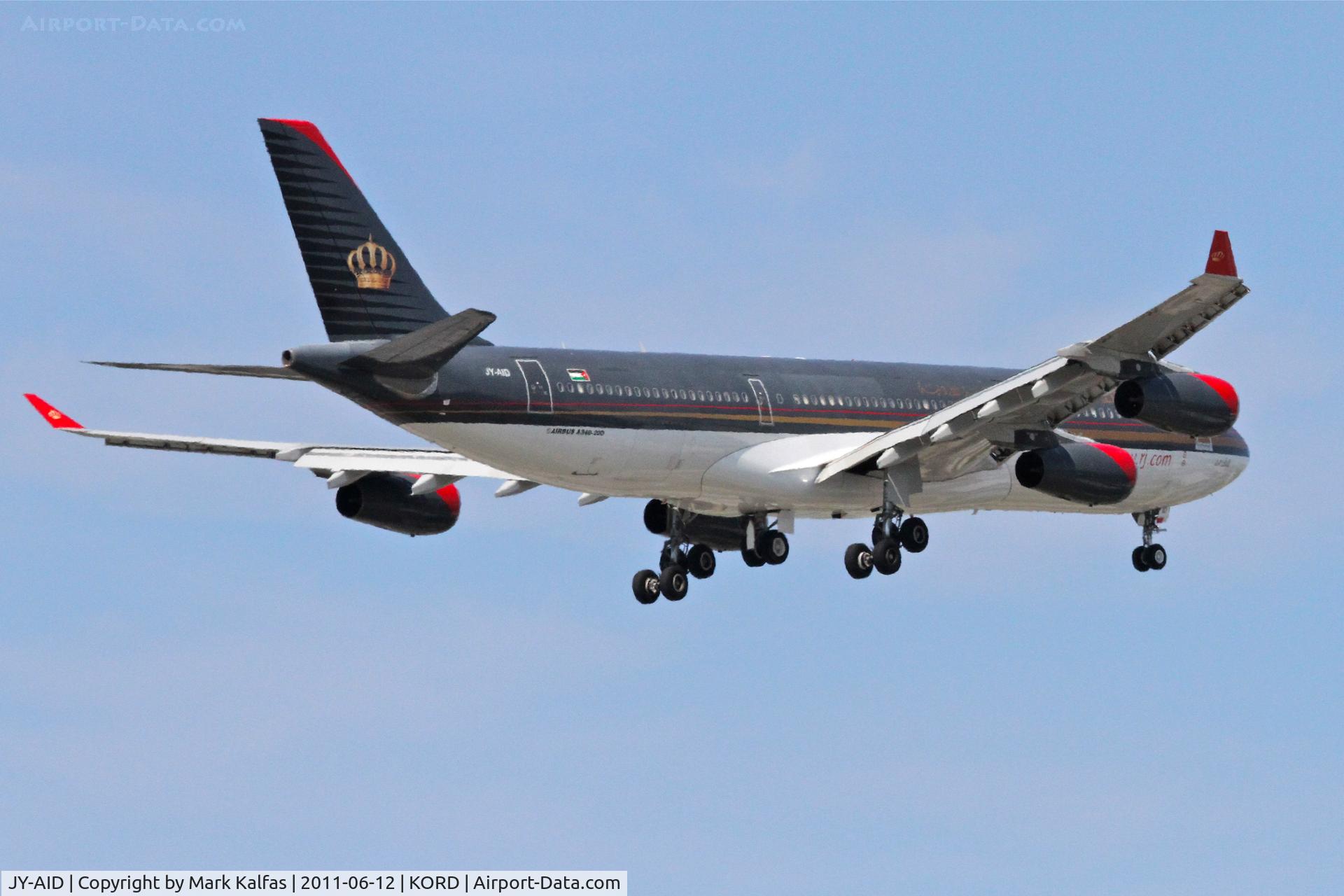JY-AID, 1993 Airbus A340-211 C/N 022, Royal Jordanian Airbus A340-212, RJA263 arriving from OJAI, RWY 10 approach KORD.