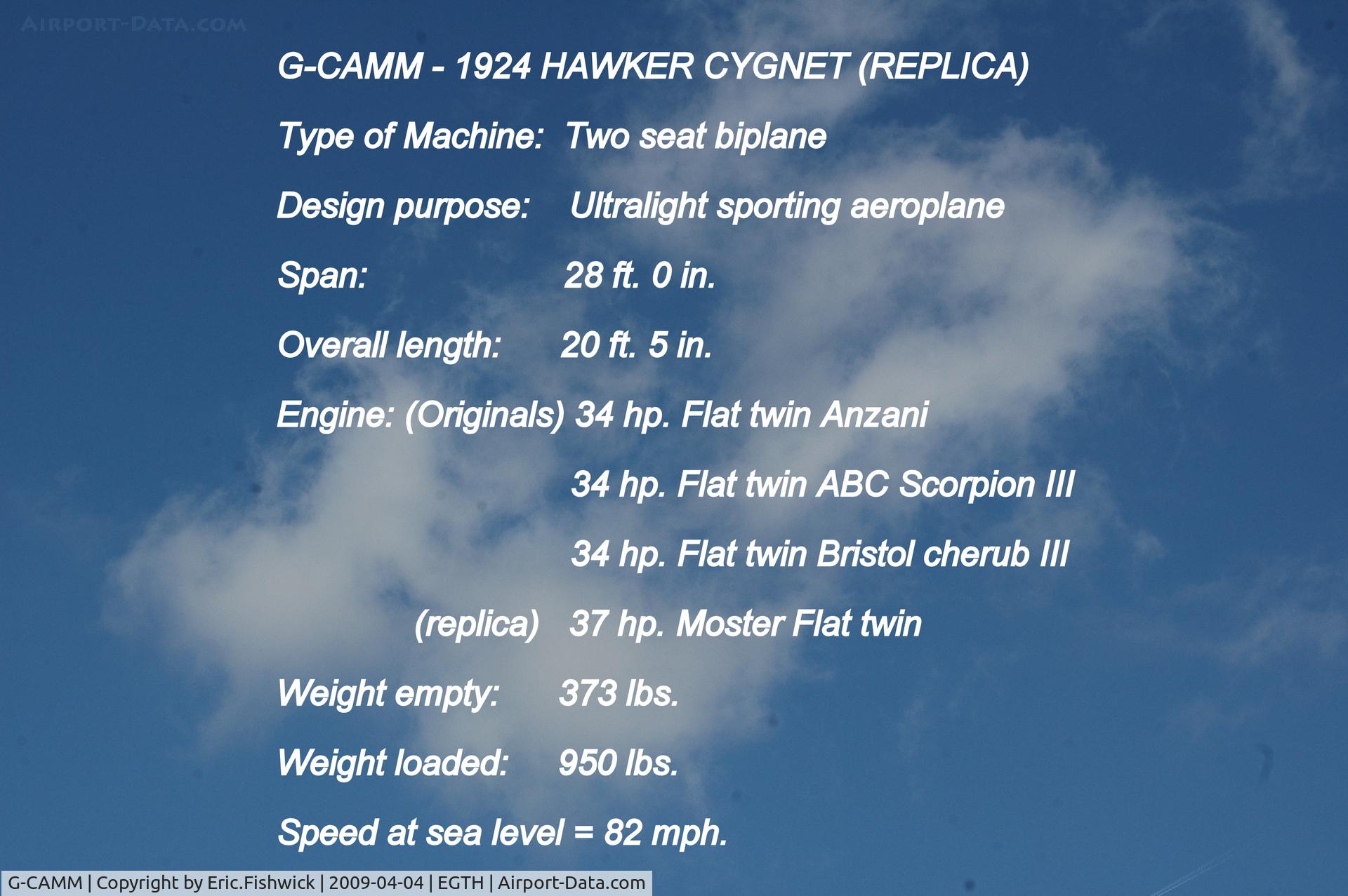 G-CAMM, 1992 Hawker Cygnet Replica C/N PFA 077-10245, DESCRIPTION