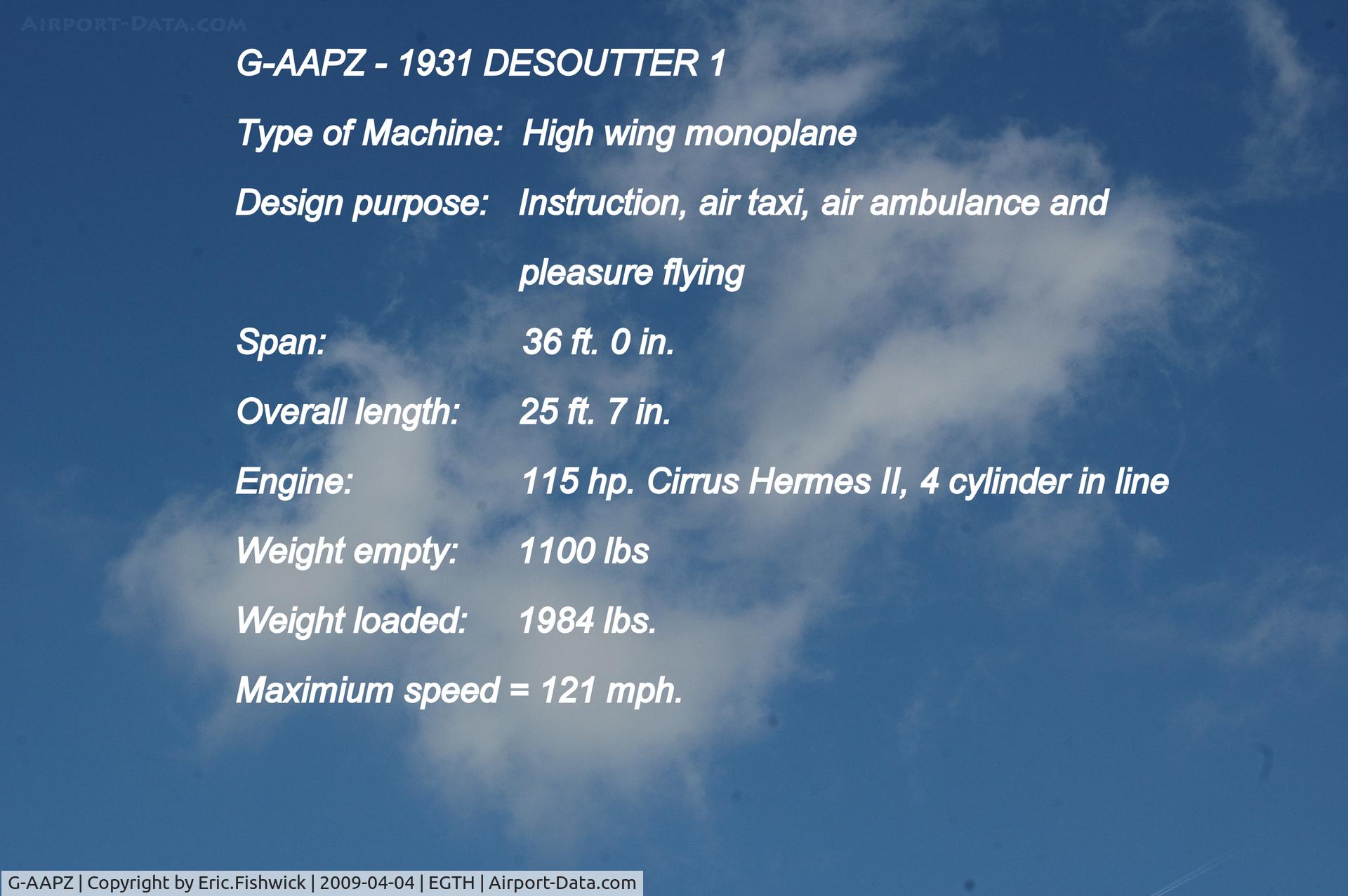 G-AAPZ, 1930 Desoutter MKI C/N D.25, DESCRIPTION