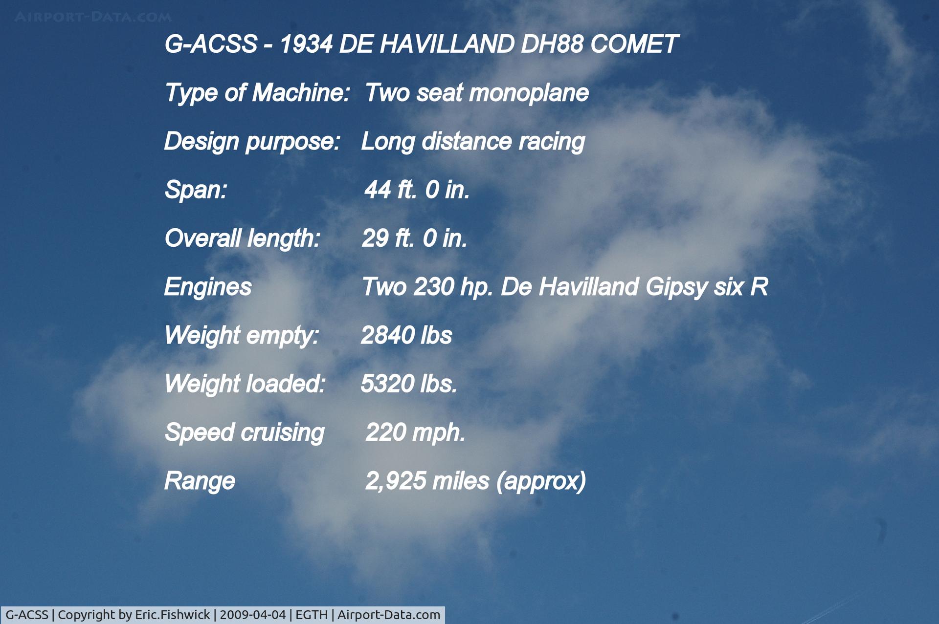 G-ACSS, 1934 De Havilland DH-88 Comet C/N 1996, DESCRIPTION
