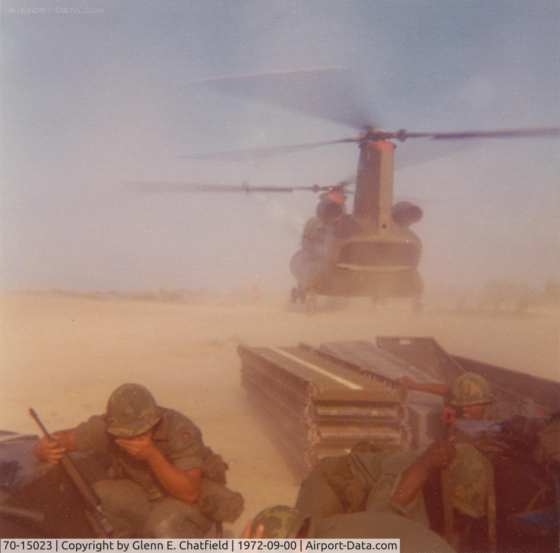 70-15023, 1970 Boeing Vertol CH-47C Chinook C/N B.665, Arriving for pick-up.  Aircraft was from 196th Aviation Company, 269th Aviation Battalion.  Ft. Bragg, NC.  Picking up parts for pontoon foot bridge and a Jeep, and personnel.