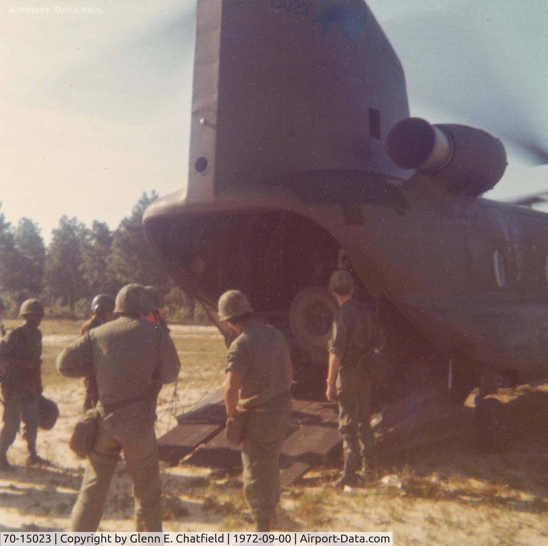 70-15023, 1970 Boeing Vertol CH-47C Chinook C/N B.665, Aircraft was from 196th Aviation Company, 269th Aviation Battalion.  Unloading at destination.  Ft. Bragg, NC