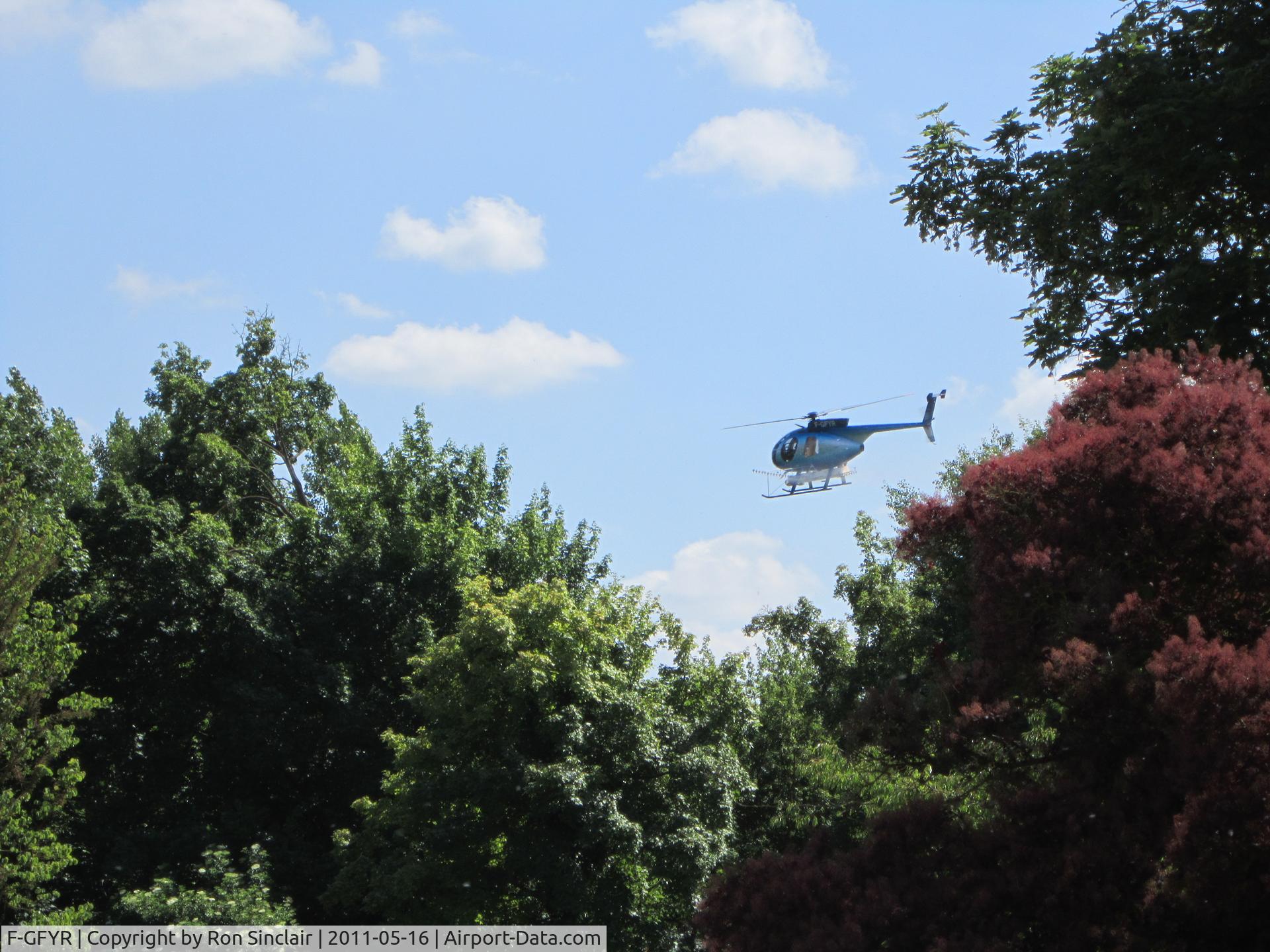 F-GFYR, McDonnell Douglas MD-500E (369E) C/N 39-0483D, Anti-mosquito spraying along the River Marne at La-Chaussee-sur-Marne, at the bottom of our garden.