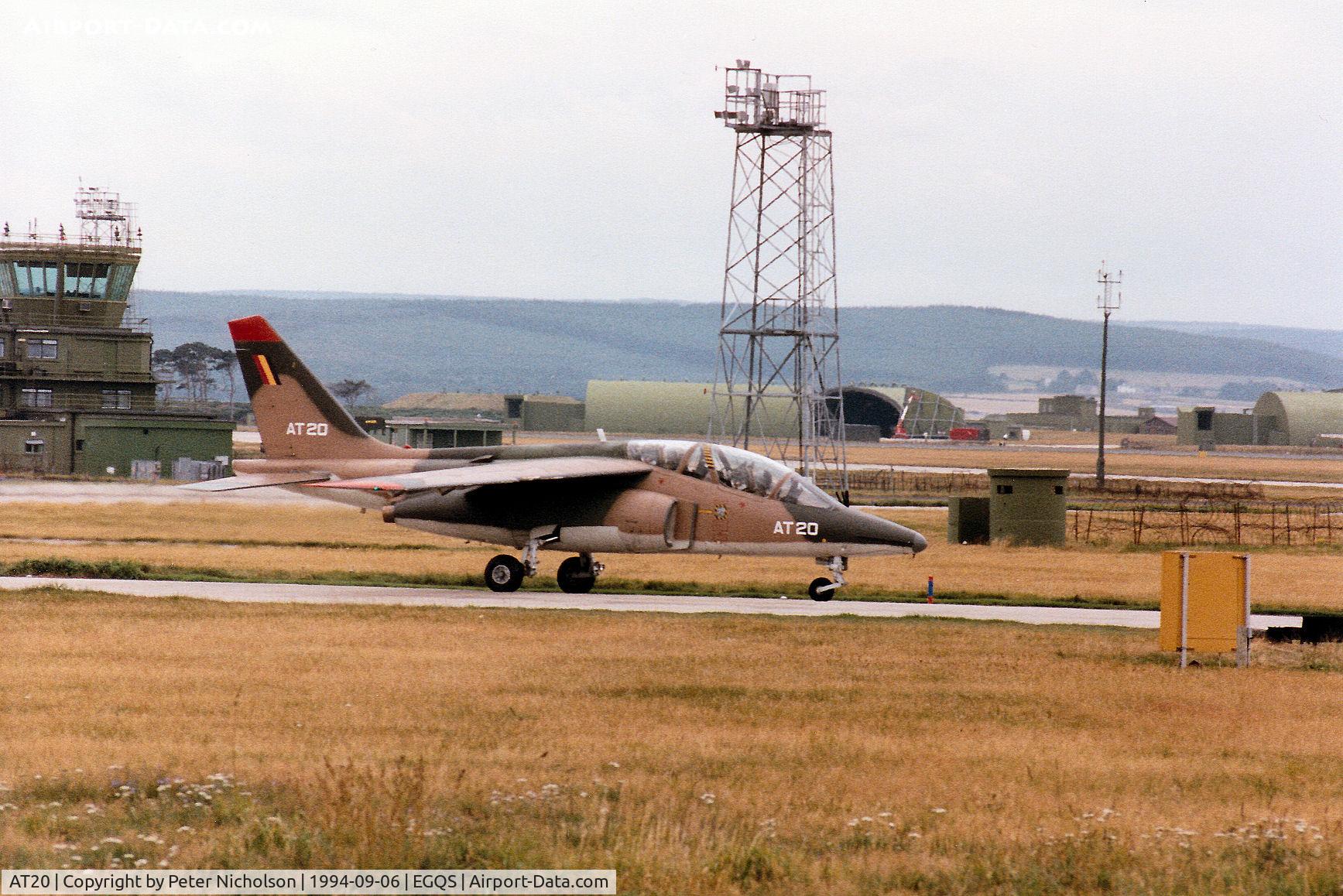 AT20, Dassault-Dornier Alpha Jet 1B C/N B20/1075, Alpha Jet, callsign Belgian Air Force 549 Alpha, of 9 Wing taxying to the active runway at RAF Lossiemouth in September 1994.