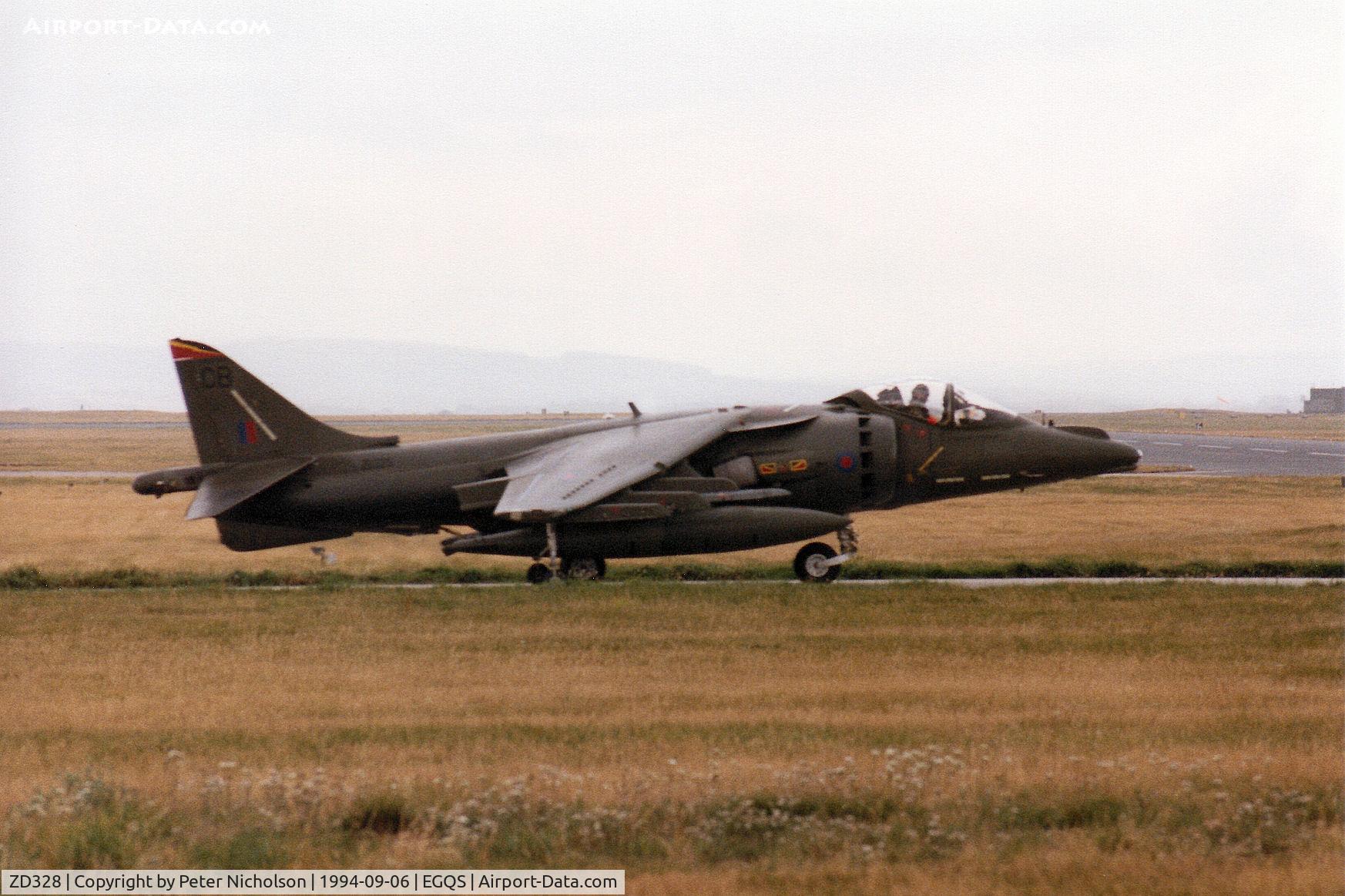 ZD328, 1988 British Aerospace Harrier GR.7 C/N 512116/P9, Harrier GR.7, callsign Rafair 620 Bravo, of 4 Squadron taxying to Runway 23 at RAF Lossiemouth in September 1994.