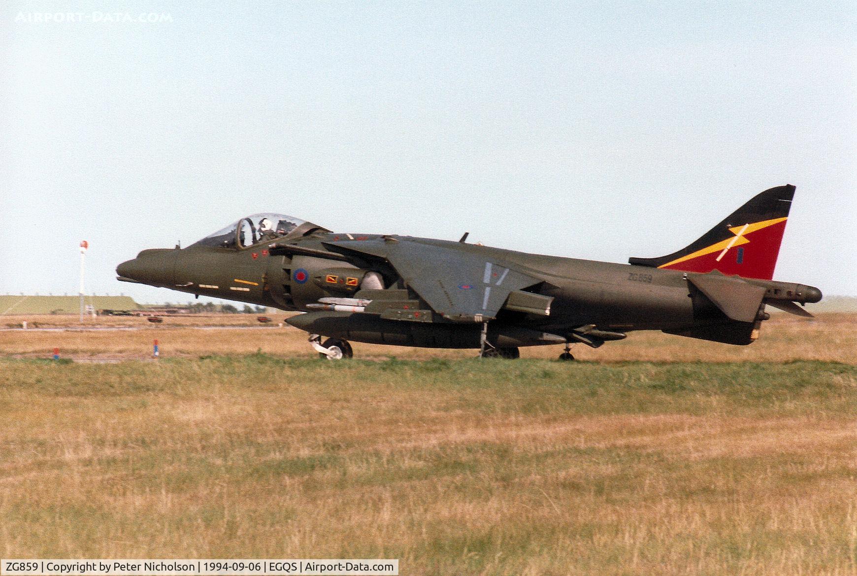 ZG859, British Aerospace Harrier GR.7 C/N P91, Harrier GR.7, callsign Rafair 620 Alpha, of 4 Squadron taxying to Runway 05 at RAF Lossiemouth in September 1994.