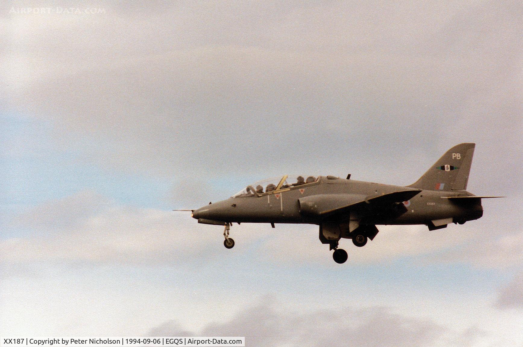 XX187, 1977 Hawker Siddeley Hawk T.1A C/N 034/312034, Hawk T.1 of the Central Flying School on final approach to Runway 23 at RAF Lossiemouth in September 1994.