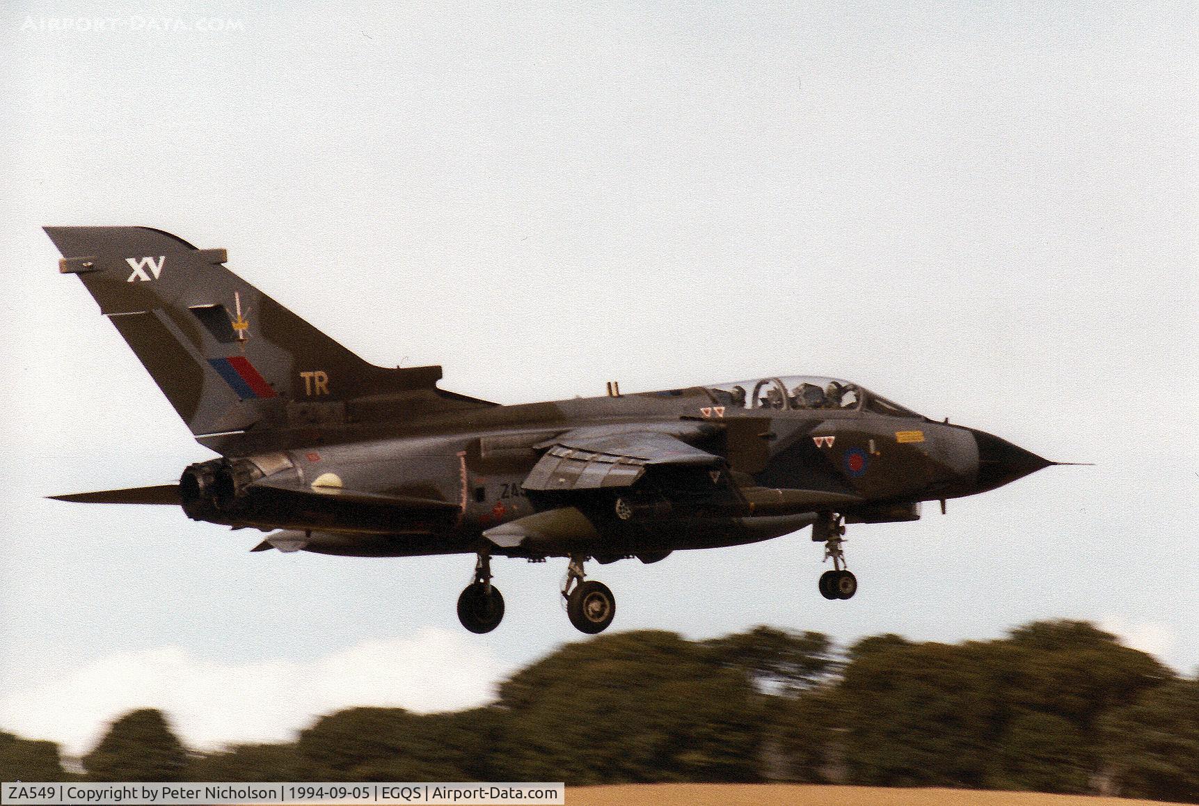 ZA549, 1981 Panavia Tornado GR.1 C/N 063/BT017/3033, Tornado GR.1, callsign Abbot 2, of 15[Reserve] Squadron landing on Runway 05 at RAF Lossiemouth in September 1994.
