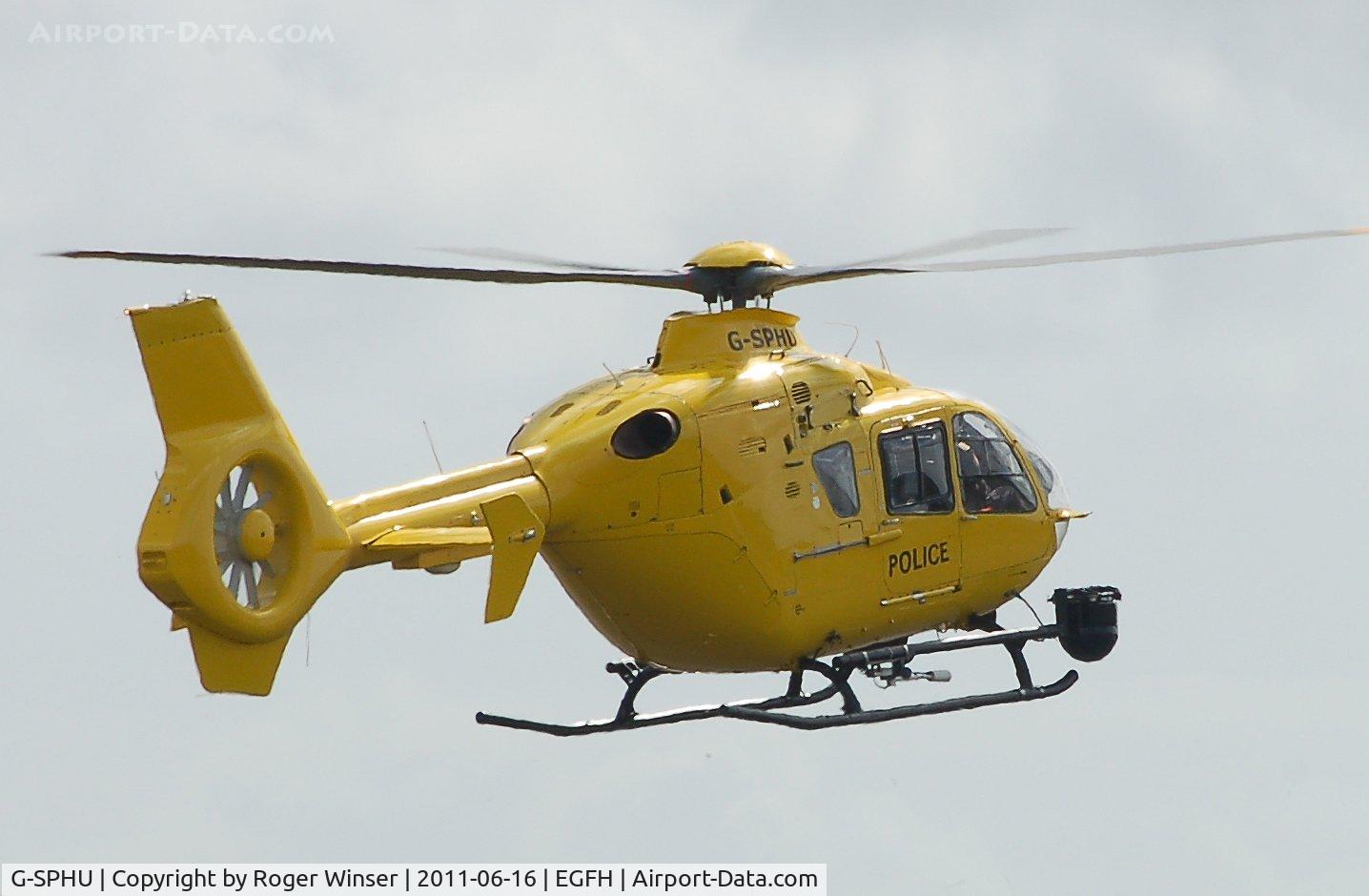 G-SPHU, 2002 Eurocopter EC-135T-2 C/N 0245, Standing in for South and East Wales Police Air Support Unit helicopter (G-WONN) whilst it was away for servicing. Carries HEDDLU on port side.