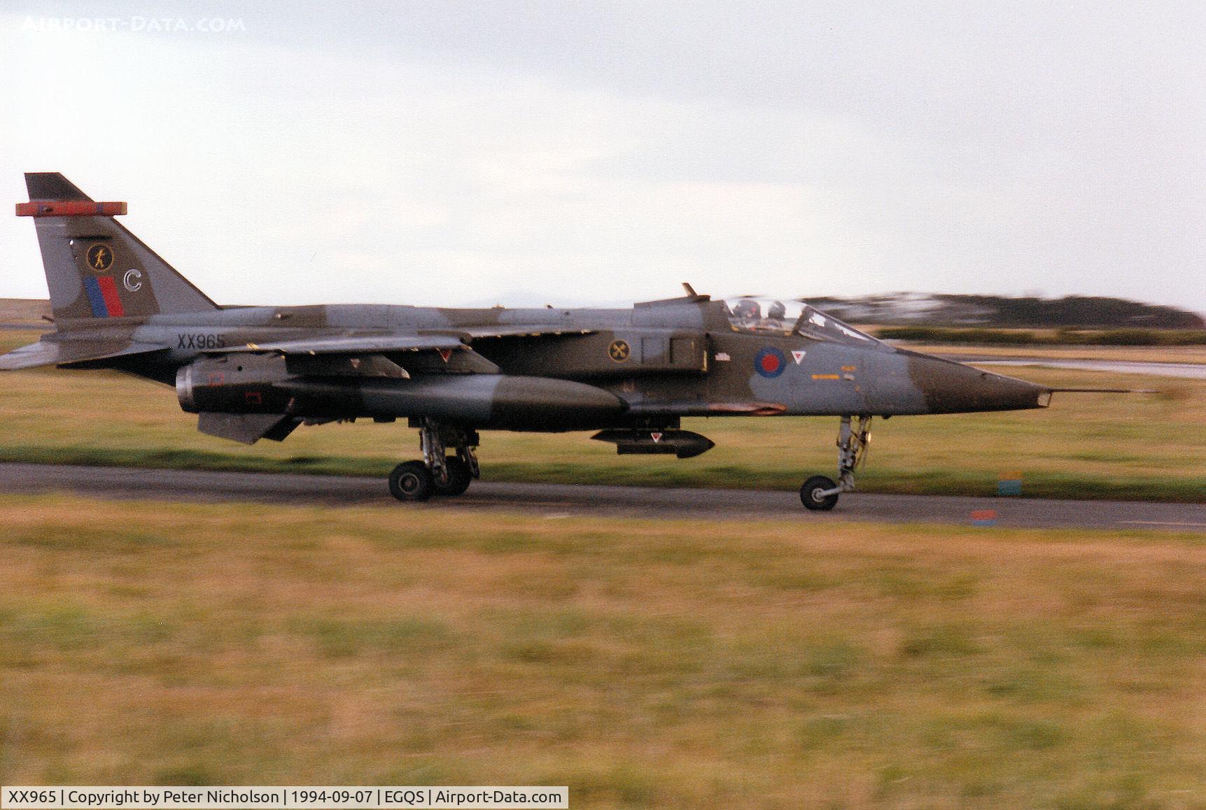 XX965, 1975 Sepecat Jaguar GR.1A C/N S.87, Jaguar GR.1A of 16[Reserve] Squadron taxying to Runway 05 at RAF Lossiemouth in September 1994.