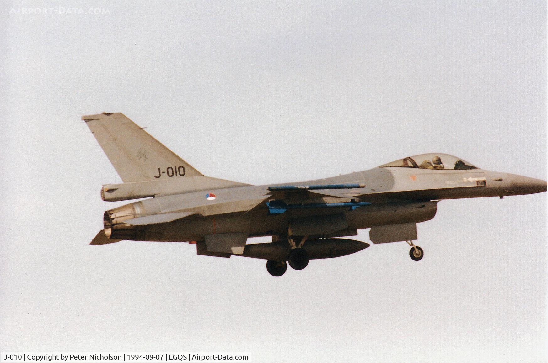 J-010, Fokker F-16A Fighting Falcon C/N 6D-166, F-16A Falcon of 312 Squadron Royal Netherlands Air Force on final approach to RAF Lossiemouth in September 1994.
