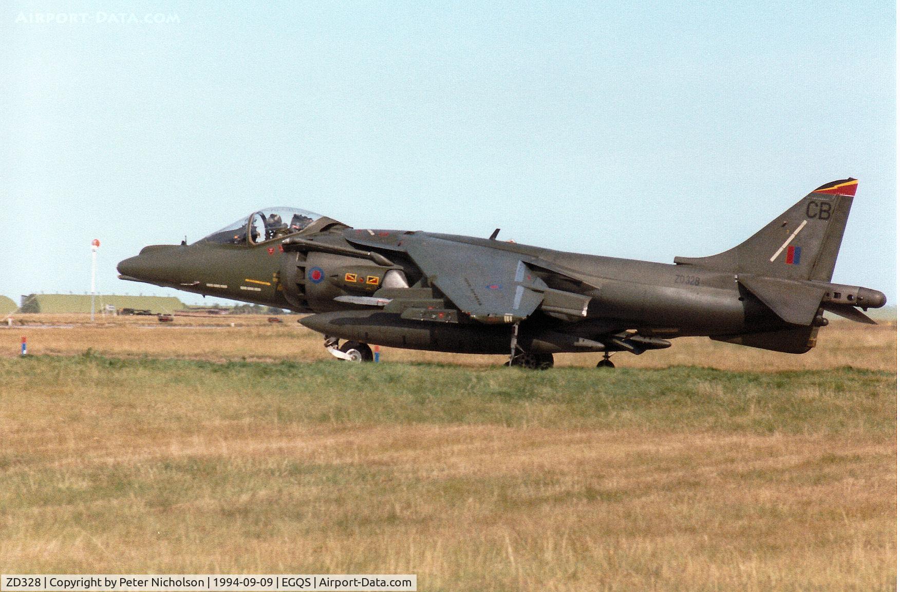 ZD328, 1988 British Aerospace Harrier GR.7 C/N 512116/P9, Harrier GR.7 of 4 Squadron taxying to Runway 05 at RAF Lossiemouth in September 1994.