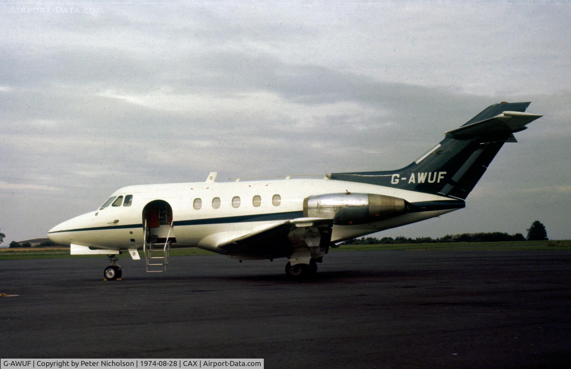 G-AWUF, 1966 Hawker Siddeley HS.125 Series 1B/522 C/N 25106, HS.125 Series 1B visitor to Carlisle in the Summer of 1974.
