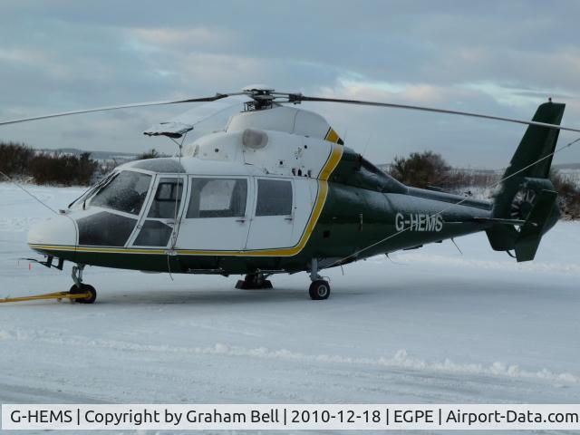 G-HEMS, 1982 Aerospatiale SA-365N Dauphin C/N 6009, G-HEMS at PDG Helicopters Inverness Base.It is seen before being reconfigured from Air Ambulance duties to VIP transport,with new corporate colours and reg G-PDGK.