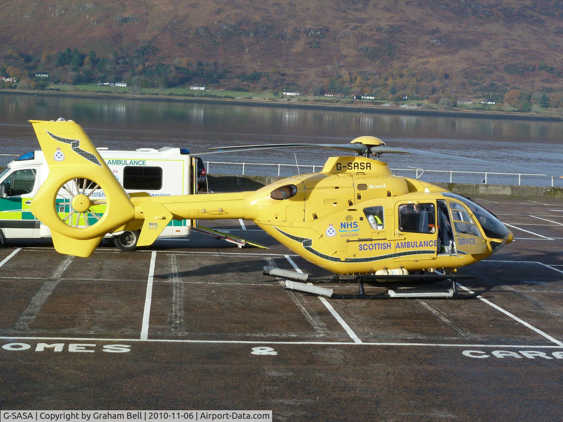 G-SASA, 2000 Eurocopter EC-135T-2 C/N 0147, HELIMED 02 seen at the west end car park Fort William,for a medevac to Raigmore Hospital in Inverness.