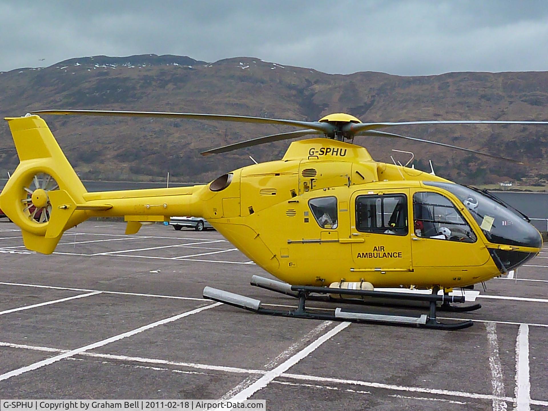 G-SPHU, 2002 Eurocopter EC-135T-2 C/N 0245, Seen at the west end carpark Fort William.It was the replacement for G-SASA during maintainance.