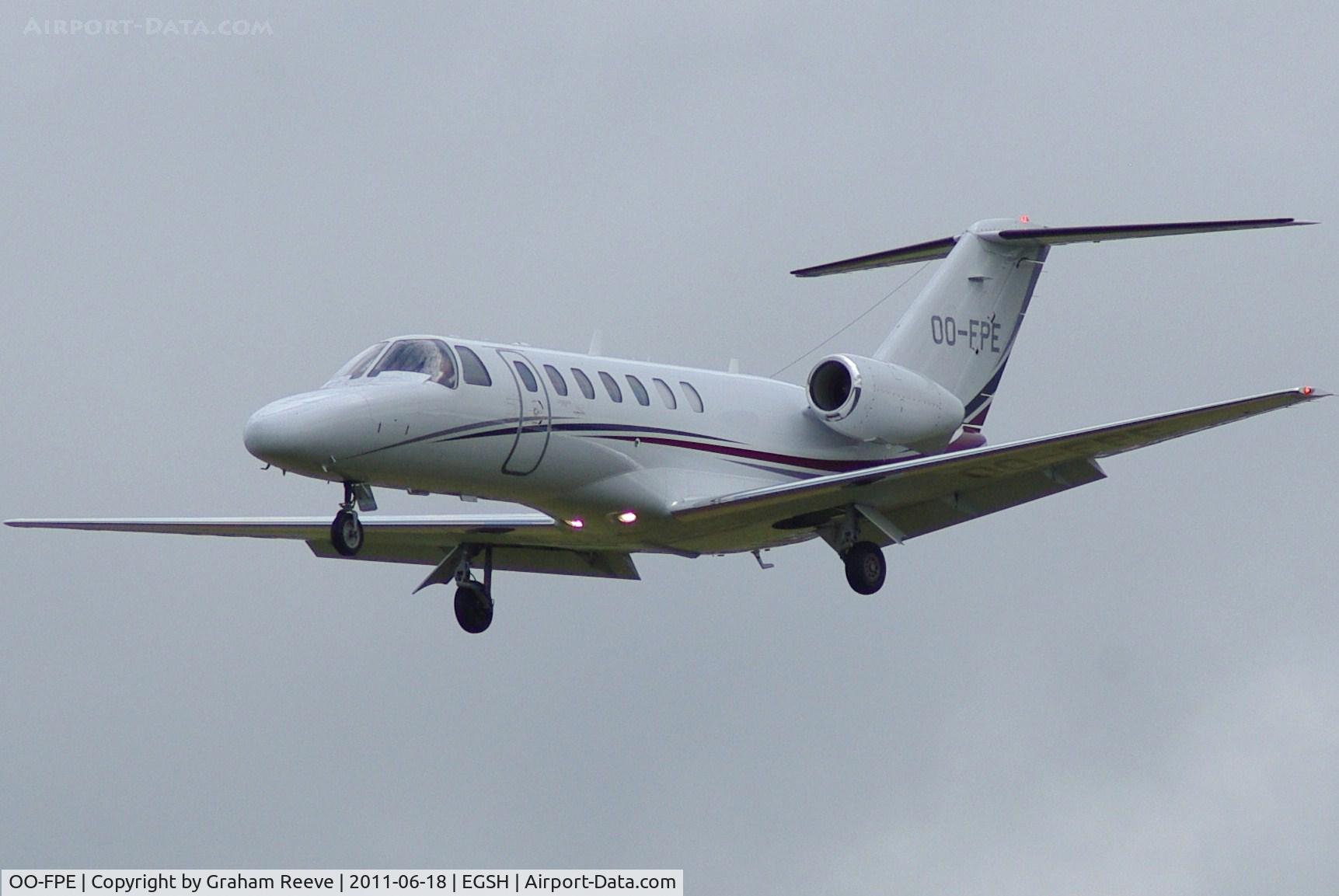 OO-FPE, 2007 Cessna 525B CitationJet CJ3 C/N 525B-0158, Landing at Norwich.