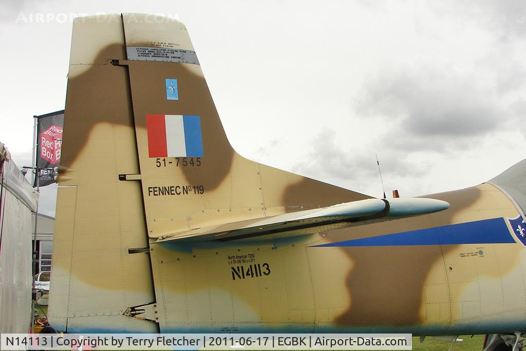 N14113, 1951 North American T-28A Fennec C/N 81-1, Tail fin of 1951 North American T-28A, c/n: 81-1 exhibited at 2011 AeroExpo at Sywell