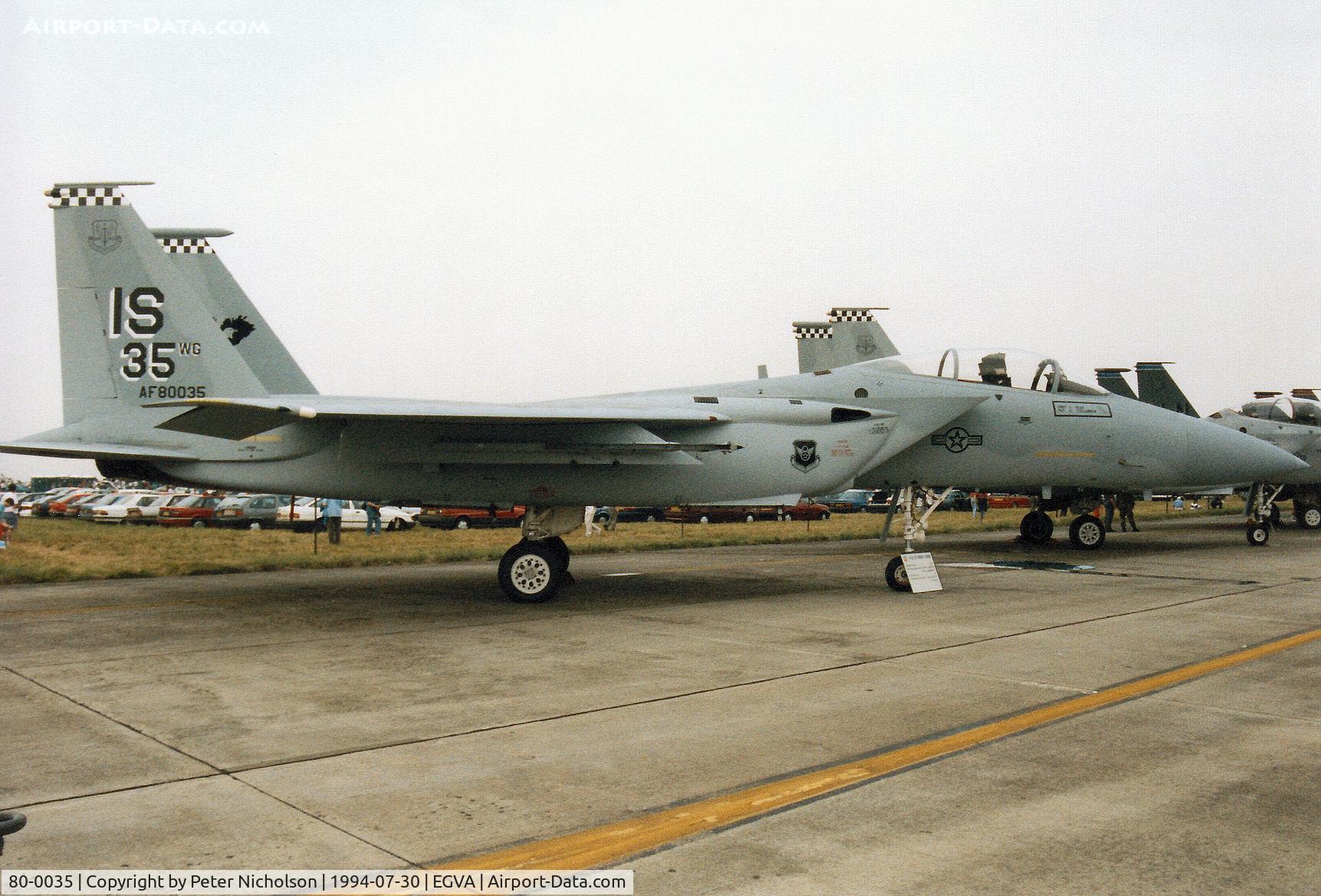80-0035, 1980 McDonnell Douglas F-15C Eagle C/N 0688/C184, F-15C Eagle, callsign Eagle 11, of the 57th Fighter Squadron then based at Naval Air Station Keflavik on display at the 1994 Intnl Air Tattoo at RAF Fairford.