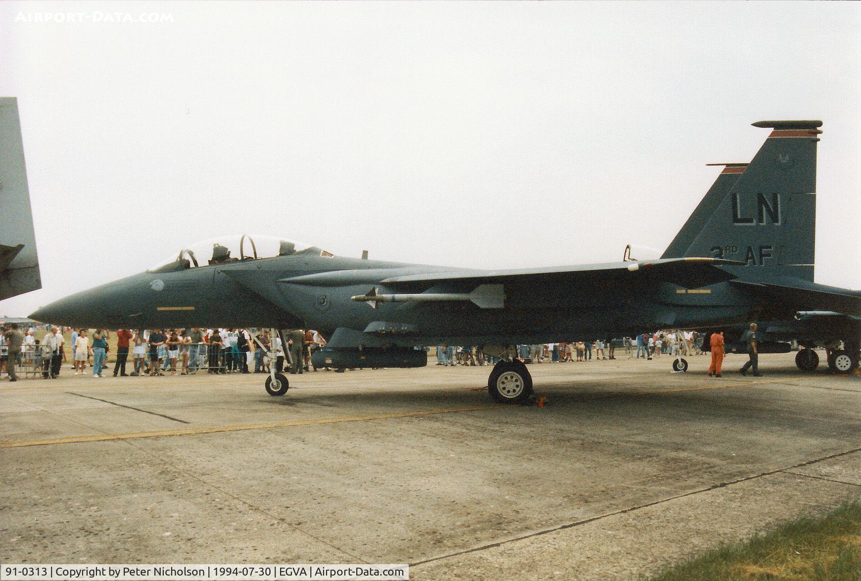 91-0313, 1991 McDonnell Douglas F-15E Strike Eagle C/N 1220/E178, F-15E Strike Eagle, callsign Snake 12, of RAF Lakenheath's 494th Fighter Squadron/48th Fighter Wing on display at the 1994 Intnl Air Tattoo at RAF Fairford.