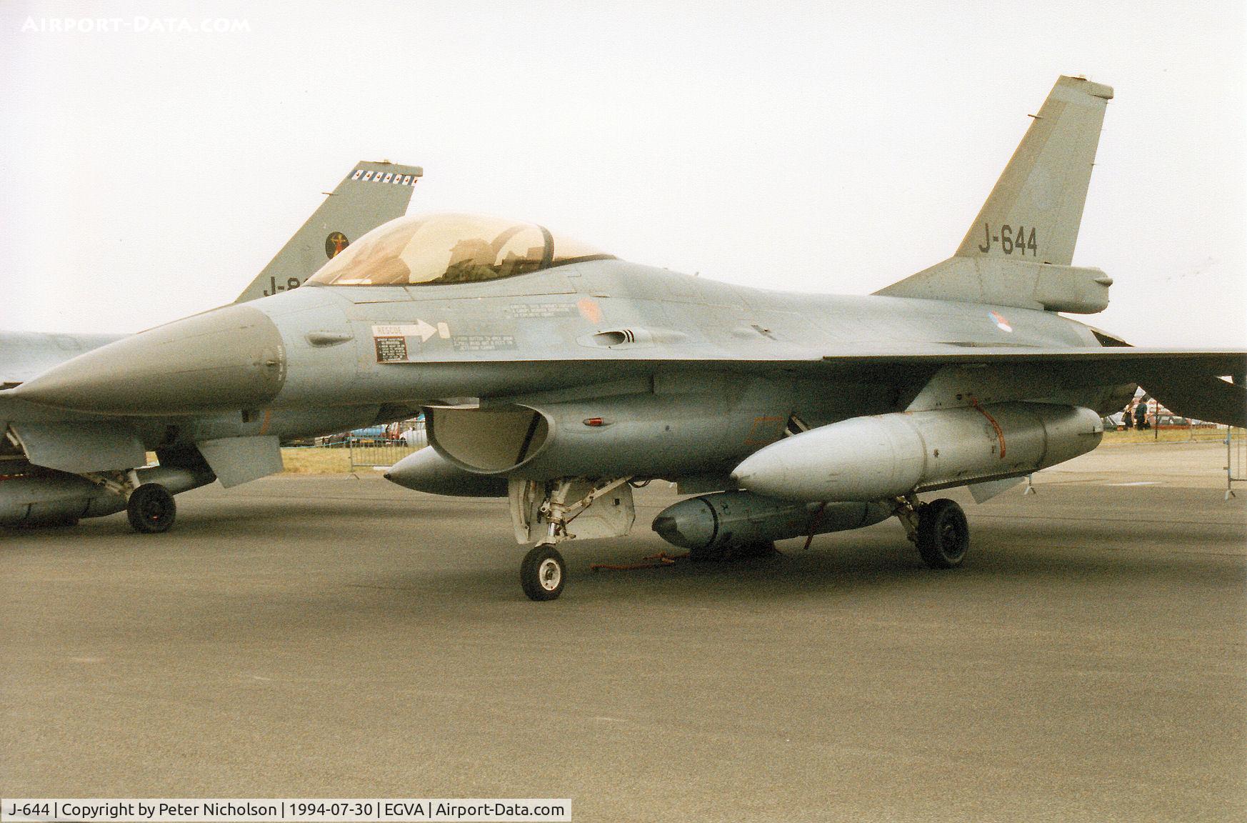 J-644, 1980 Fokker F-16AM Fighting Falcon C/N 6D-76, F-16A Falcon, callsign Exile 2, of 306 Sqadron of the Royal Netherlands Air Force at Volkel, complete with Orpheus reconnaissance pod, on display at the 1994 Intnl Air Tattoo at RAF Fairford.
