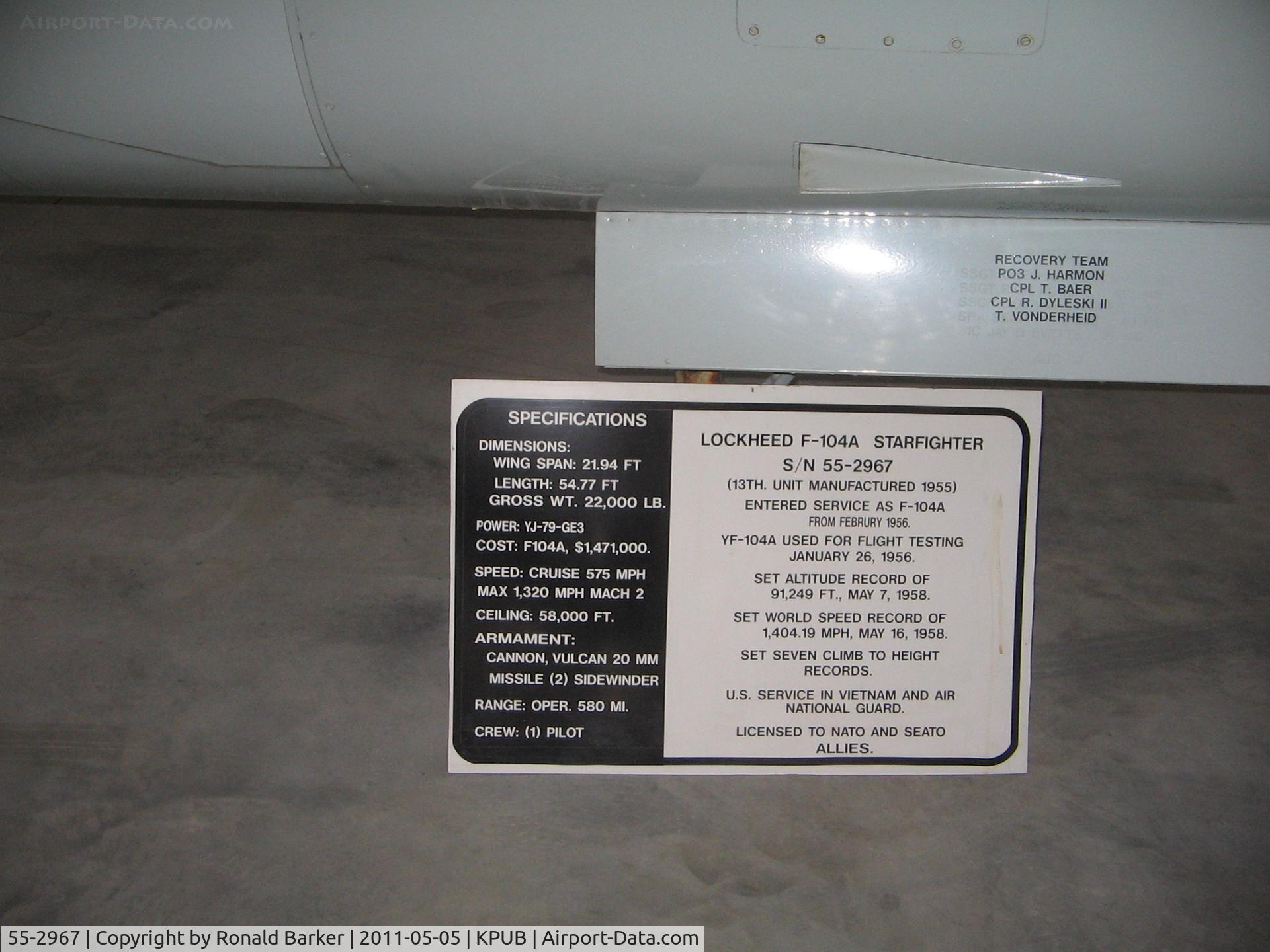 55-2967, 1956 Lockheed YF-104A Starfighter C/N 183-1013, Pueblo Weisbrod Aircraft Museum