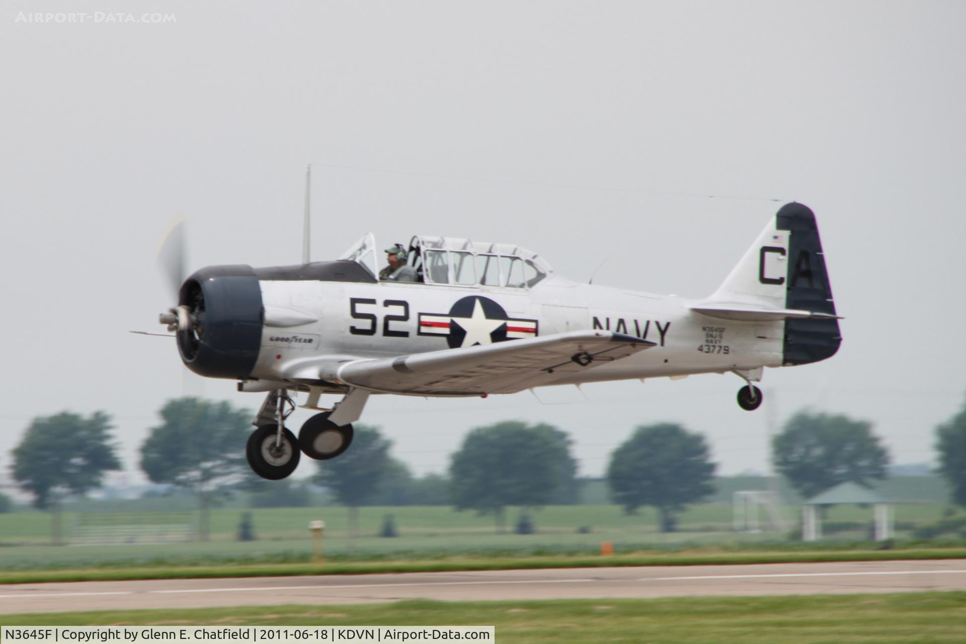 N3645F, 1943 North American SNJ-5 Texan Texan C/N 43779, At the Quad Cities Air Show.  Snj-5 BuNo 43779, ex-AT-6D 41-34540