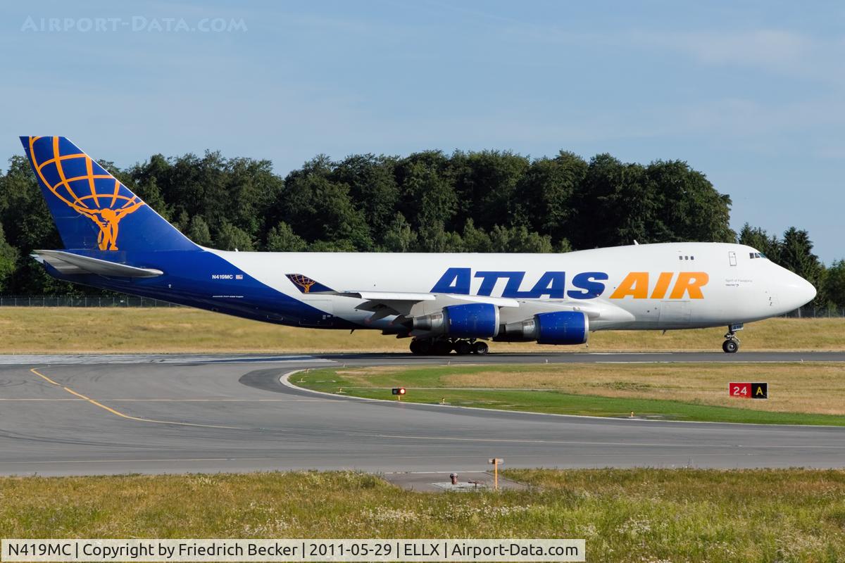 N419MC, 1996 Boeing 747-48EF C/N 28367, line for departure to Huntsville
