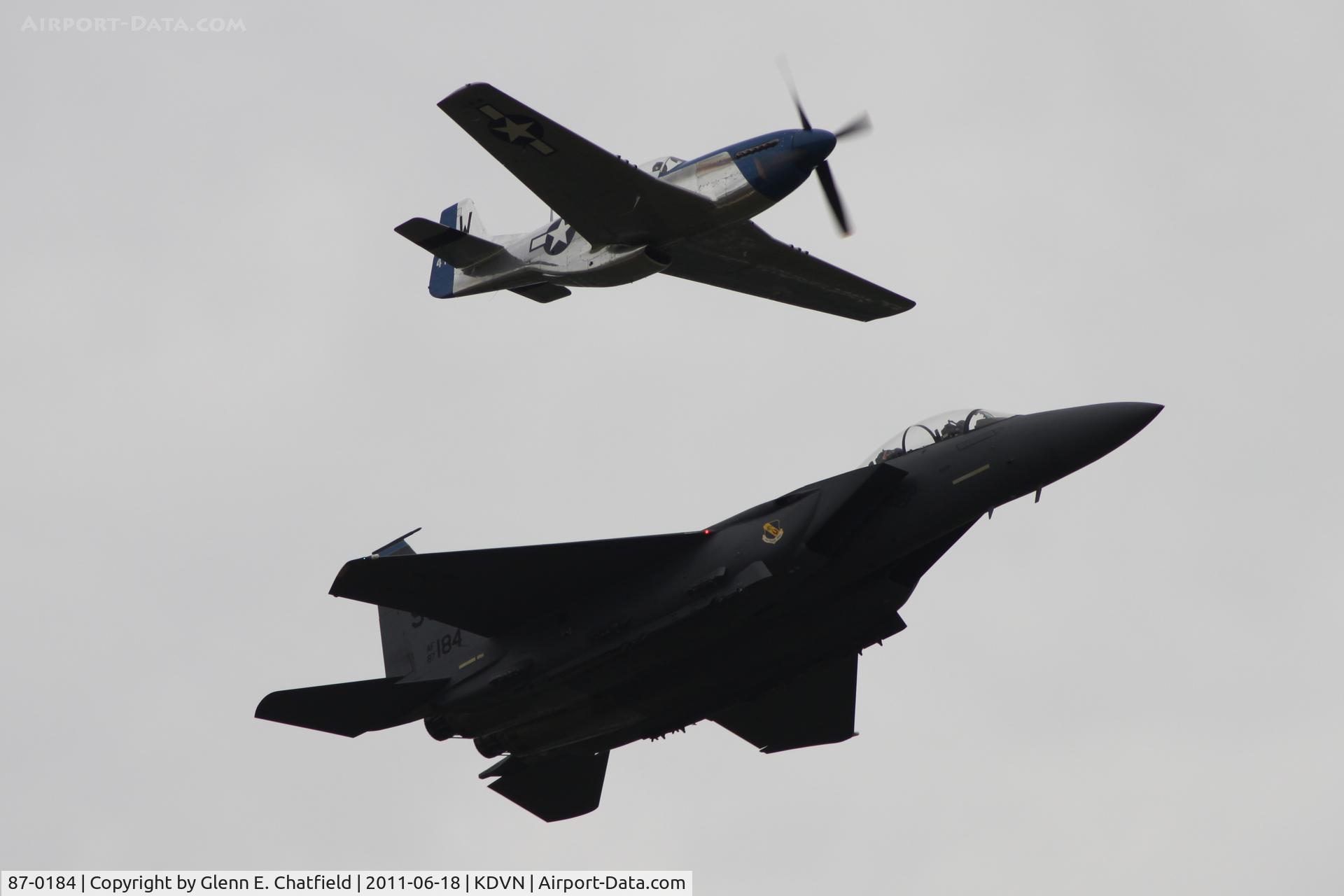 87-0184, 1987 McDonnell Douglas F-15E Strike Eagle C/N 1049/E024, At the Quad Cities Air Show.  With P-51D N2151D