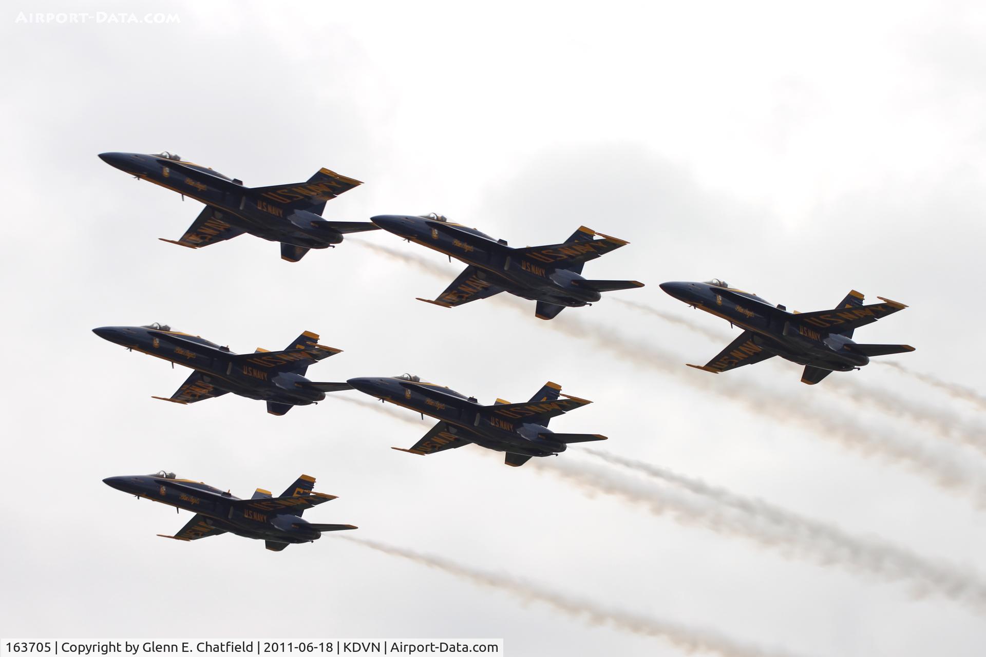 163705, 1988 McDonnell Douglas F/A-18C Hornet C/N 0767/C067, Quad Cities Air show. Blue Angel #1 is 163705, lead