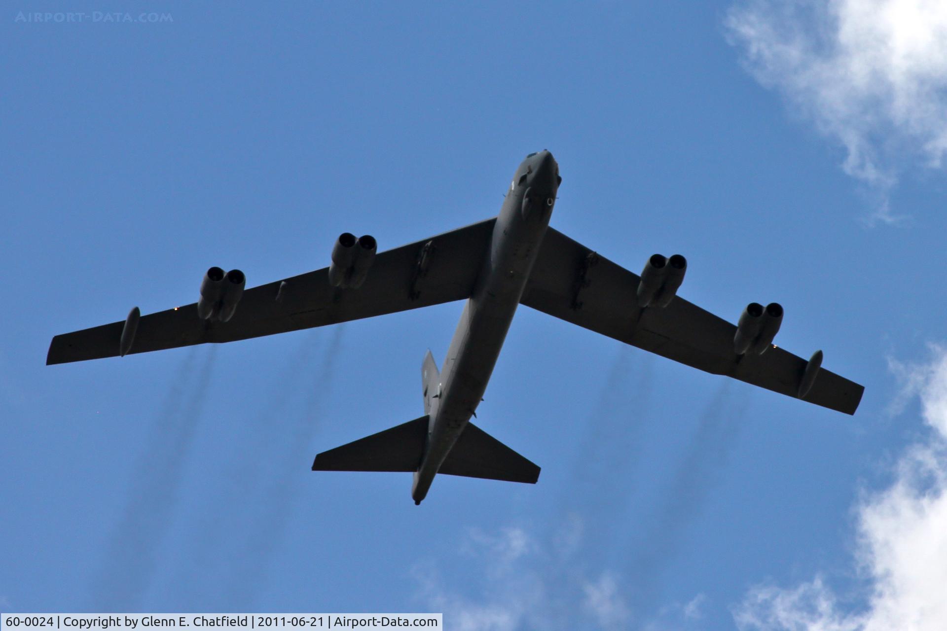 60-0024, 1960 Boeing B-52H Stratofortress C/N 464389, Flying over Cedar Memorial Cemetery, Cedar Rapids, IA.  Honoring burial of a returned WWII B-17 crewman who was MIA.