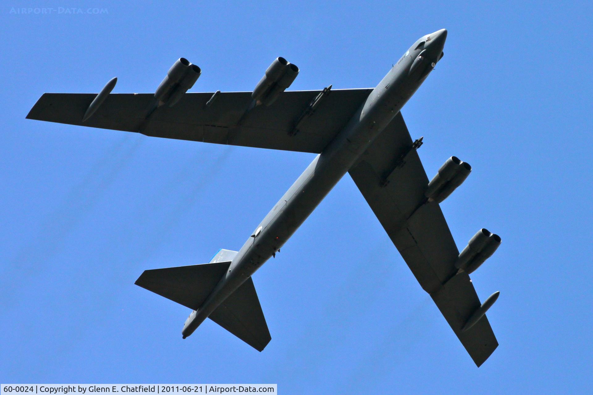60-0024, 1960 Boeing B-52H Stratofortress C/N 464389, Flying over Cedar Memorial Cemetery, Cedar Rapids, IA.  Honoring burial of a returned WWII B-17 crewman who was MIA.