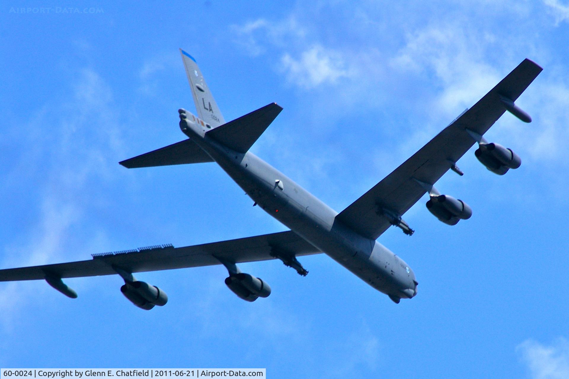 60-0024, 1960 Boeing B-52H Stratofortress C/N 464389, Flying over Cedar Memorial Cemetery, Cedar Rapids, IA.  Honoring burial of a returned WWII B-17 crewman who was MIA.  My wife's photo