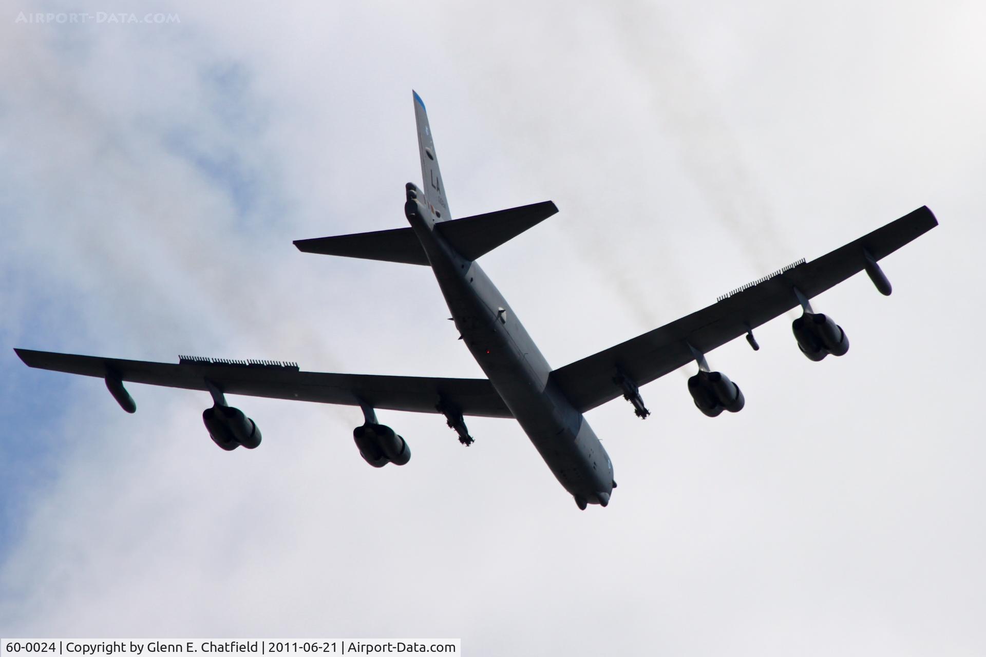 60-0024, 1960 Boeing B-52H Stratofortress C/N 464389, Flying over Cedar Memorial Cemetery, Cedar Rapids, IA.  Honoring burial of a returned WWII B-17 crewman who was MIA.