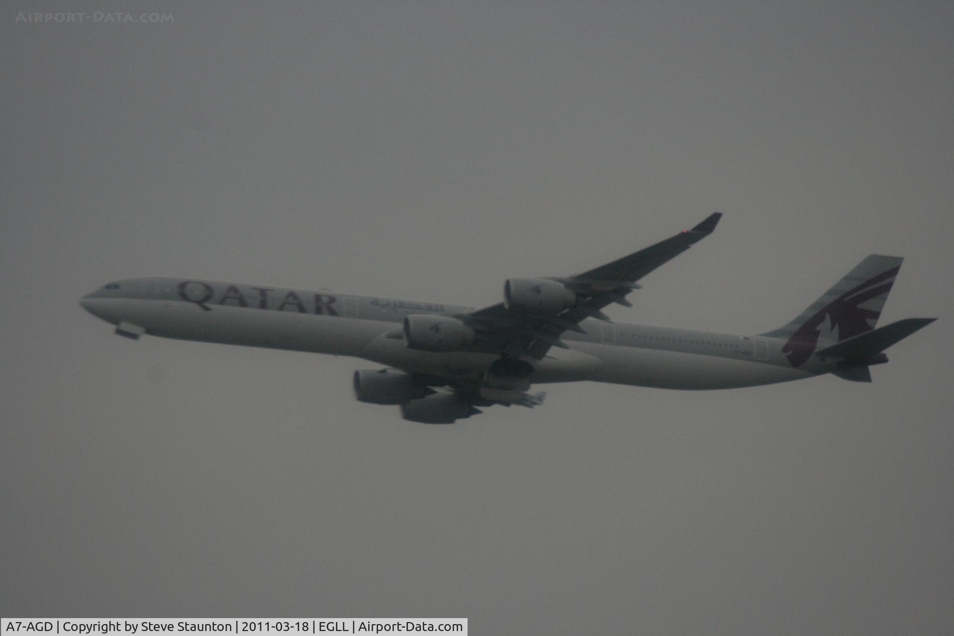 A7-AGD, 2007 Airbus A340-642X C/N 798, Taken at London Heathrow on a cold wet March 2011 afternoon - waiting our early flight to USA for aviation storage yard tour