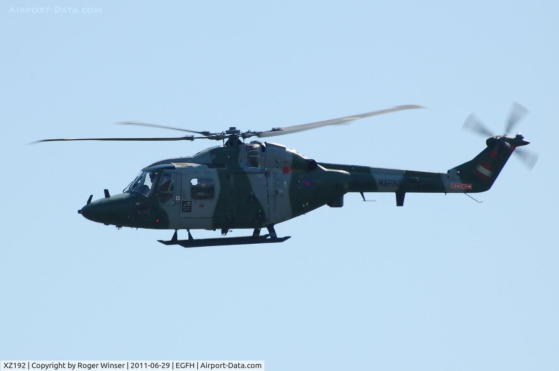 XZ192, 1978 Westland Lynx AH.7 C/N 089, Royal Marines Lynx of 847 NAS. Flyby over Runway 10 after visiting RAF Pembrey Sands Air Weapons Range (EGOP).