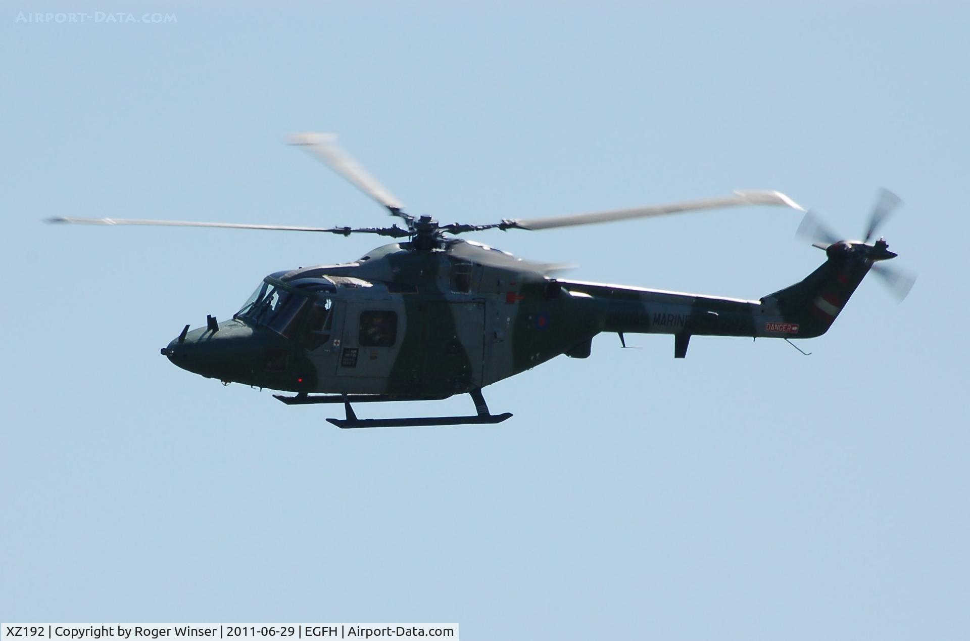 XZ192, 1978 Westland Lynx AH.7 C/N 089, Royal Marines Lynx from 847 NAS based at RNAS Yeovilton. Flyby after visiting RAF Pembrey Sands Air Weapons Range (EGOP).