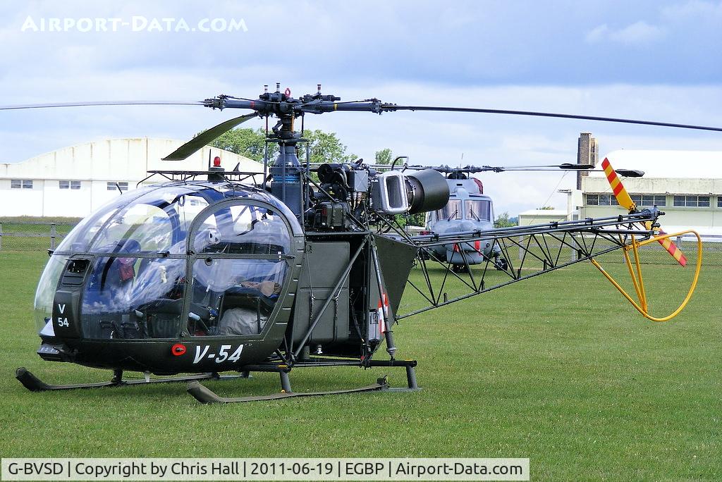 G-BVSD, 1964 Sud SE-3130 Alouette II C/N 1897, painted in its former Swiss Air Force colours and wearing the serial number V-54 on static display at the Cotswold Airshow