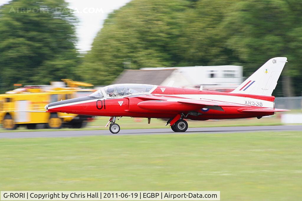 G-RORI, 1963 Hawker Siddeley Gnat T.1 C/N FL549, making an emergency landing after its display, an indicator in the cockpit was showing the undercarriage was not locked down