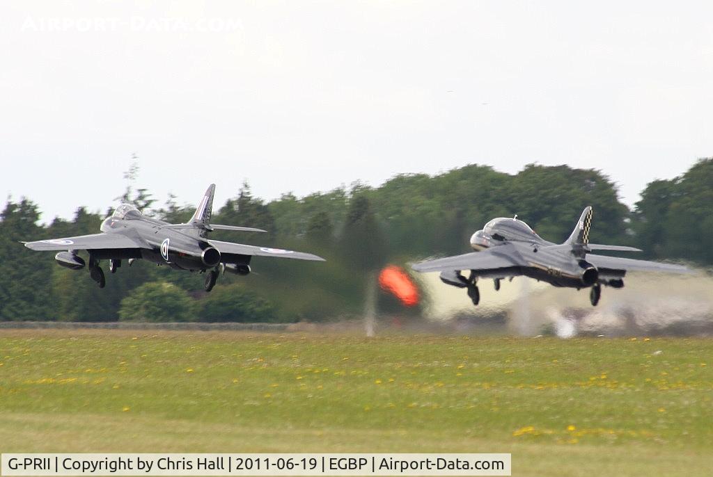 G-PRII, 1955 Hawker Hunter PR.11 C/N 41H-670690, taking off alongside G-VETA