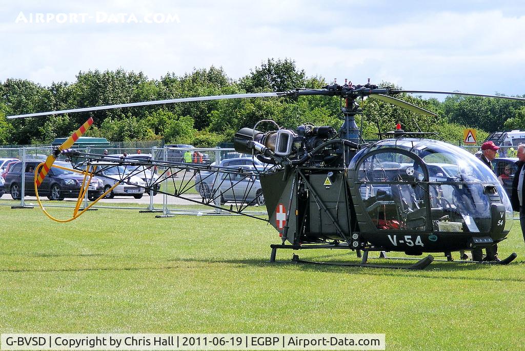 G-BVSD, 1964 Sud SE-3130 Alouette II C/N 1897, painted in its former Swiss Air Force colours and wearing the serial number V-54 on static display at the Cotswold Airshow