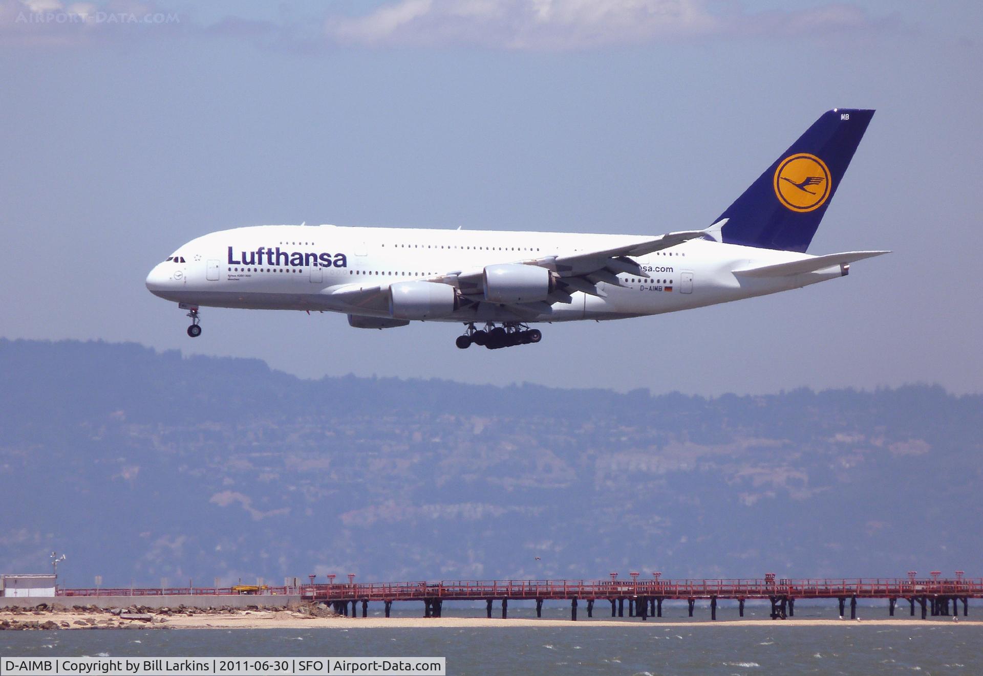 D-AIMB, 2010 Airbus A380-841 C/N 041, Arriving at SFO.