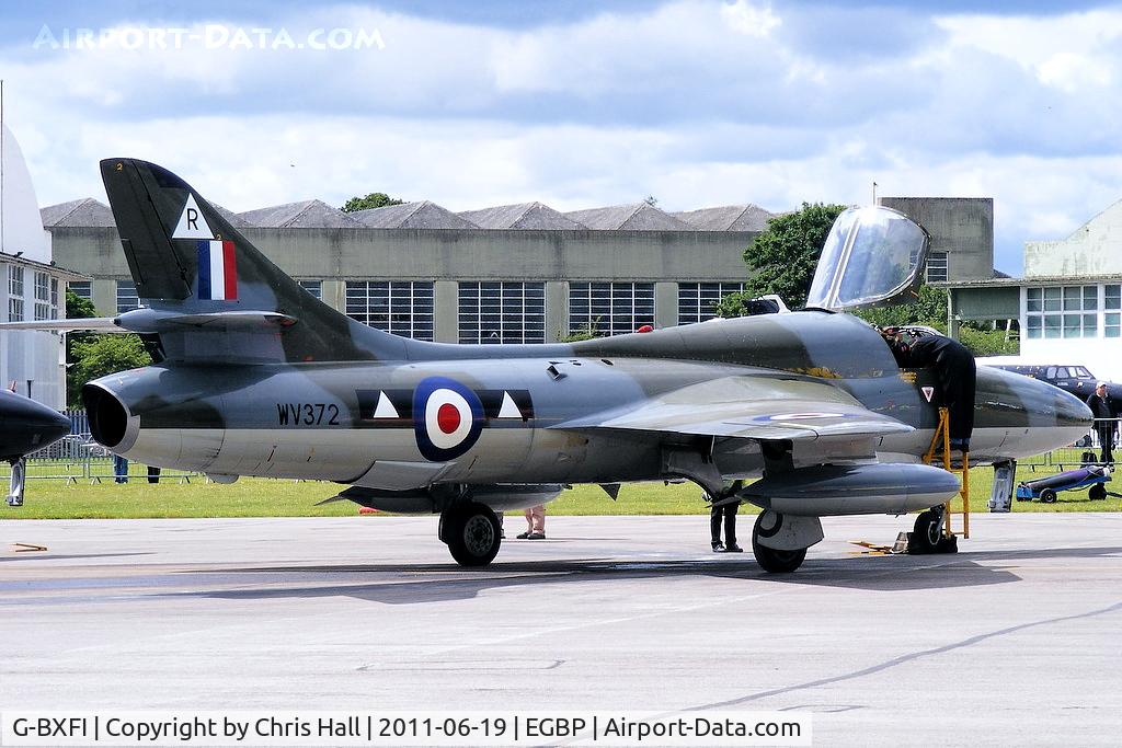 G-BXFI, 1955 Hawker Hunter T.7 C/N 41H-670818, parked on the flight line prior to its display at the Cotswold Airshow