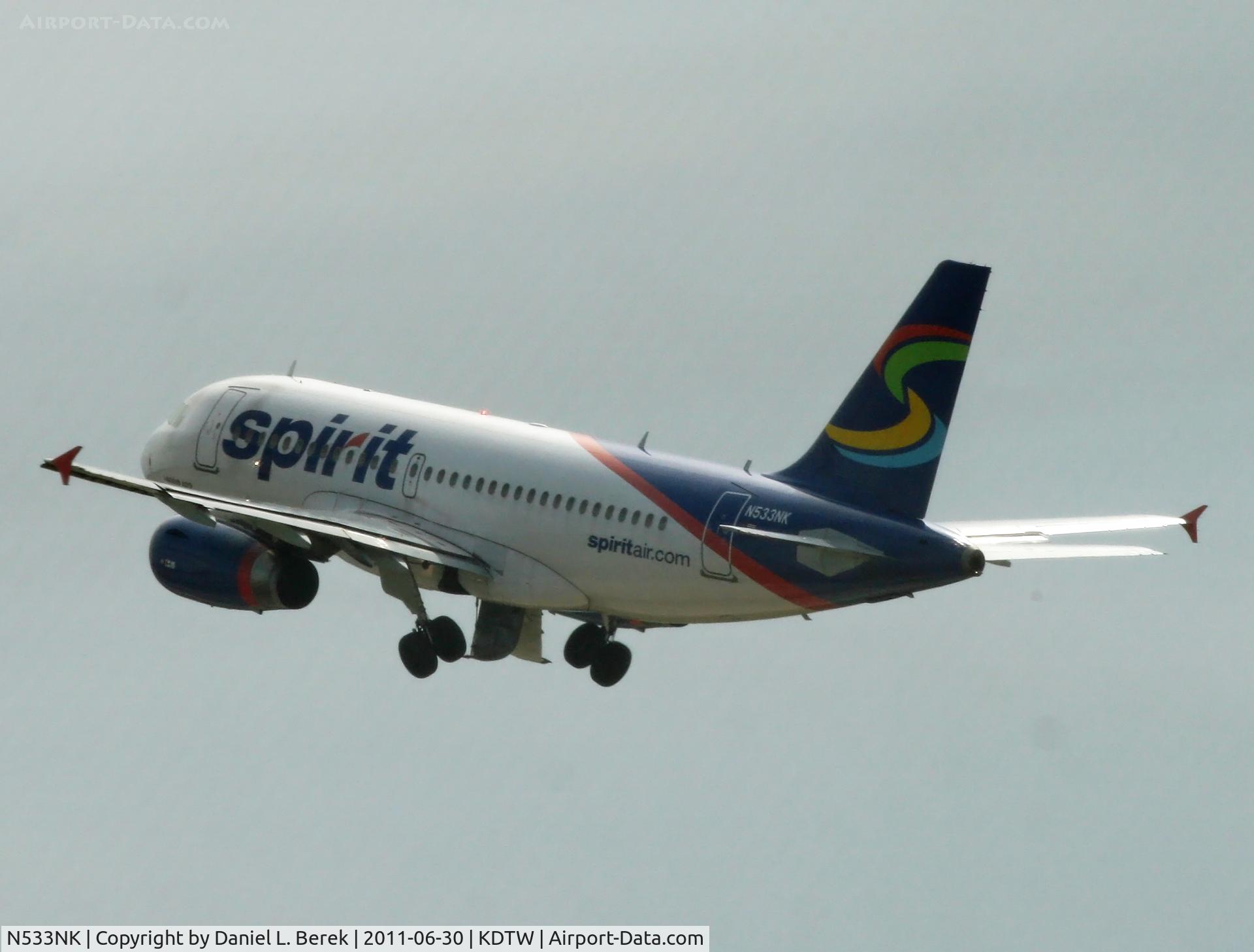 N533NK, 2008 Airbus A319-132 C/N 3393, A brand-new Airbus takes to the air at Detroit.